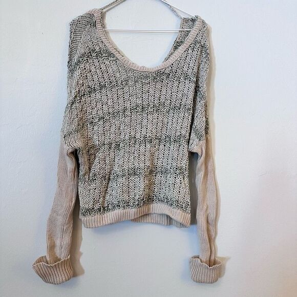 Free People Women's Tan Striped Weave Knit Sweater Top Size Medium - Picture 1 of 3